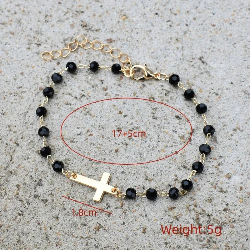 Cross Bracelet Tiny Simple Bracelet for Women Black Beaded Chain Adjustable Pulseras Christian Jewelry