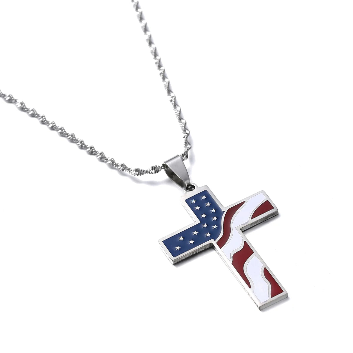 Stainless Steel Enamel American USA Flag Cross Pendant Necklace Stars Stripes Jesus Religion Christian Cross Jewelry