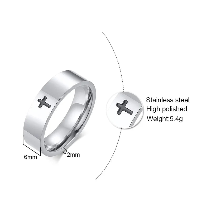6mm Stainless Steel Cross Ring Christian Jesus Christ Lord Prayer for Men and Women