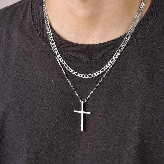 Vnox Layered Cross Necklaces for Men, Cuboid Cuban Rope Box Chain Necklaces, Layering Faith Jesus Christ Neck Collar