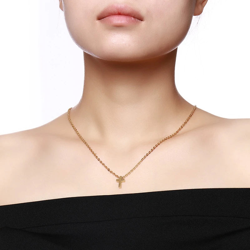 Vnox Small Cross Charm Women Necklaces Stainless Steel Simple Religious Christ Jewelry Elegant Lady Daily Jewelry