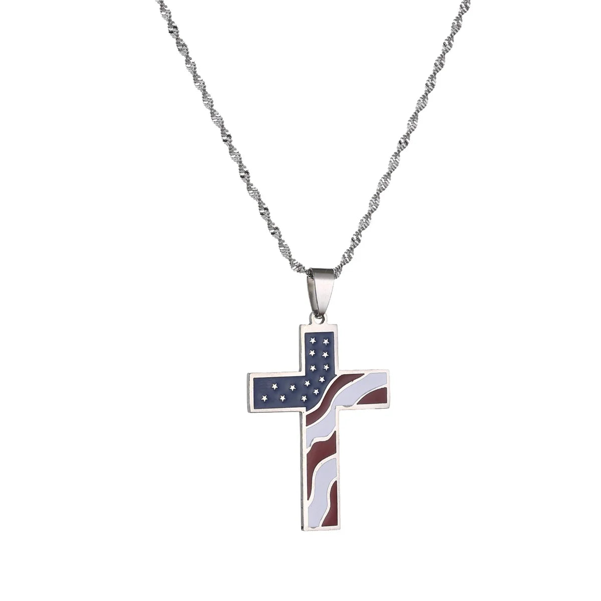 Stainless Steel Enamel American USA Flag Cross Pendant Necklace Stars Stripes Jesus Religion Christian Cross Jewelry