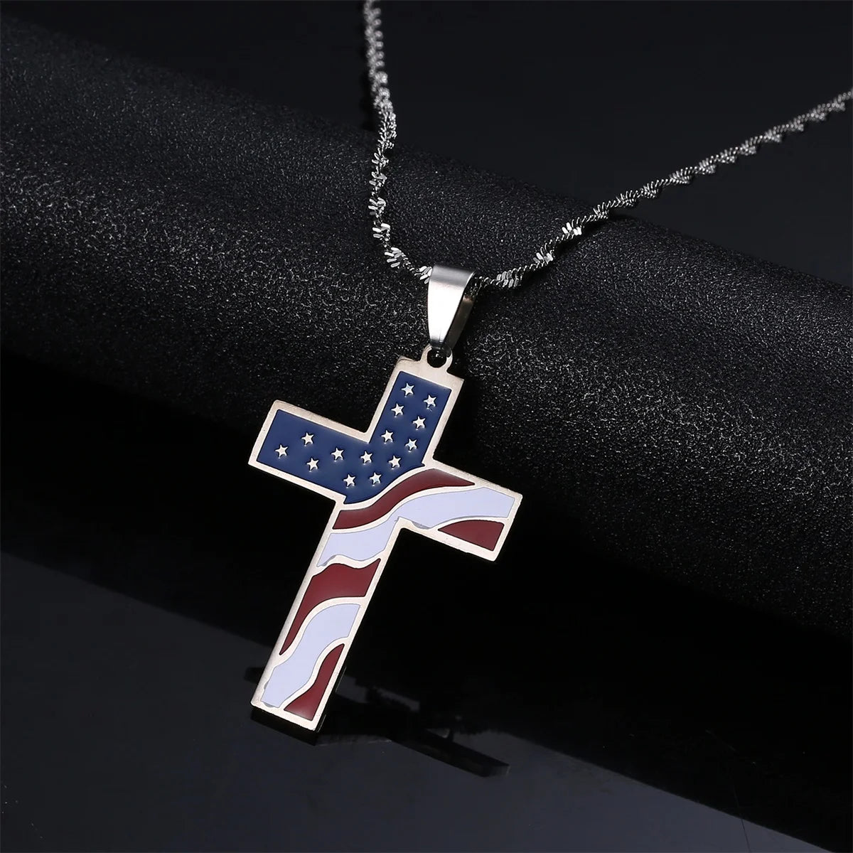 Stainless Steel Enamel American USA Flag Cross Pendant Necklace Stars Stripes Jesus Religion Christian Cross Jewelry