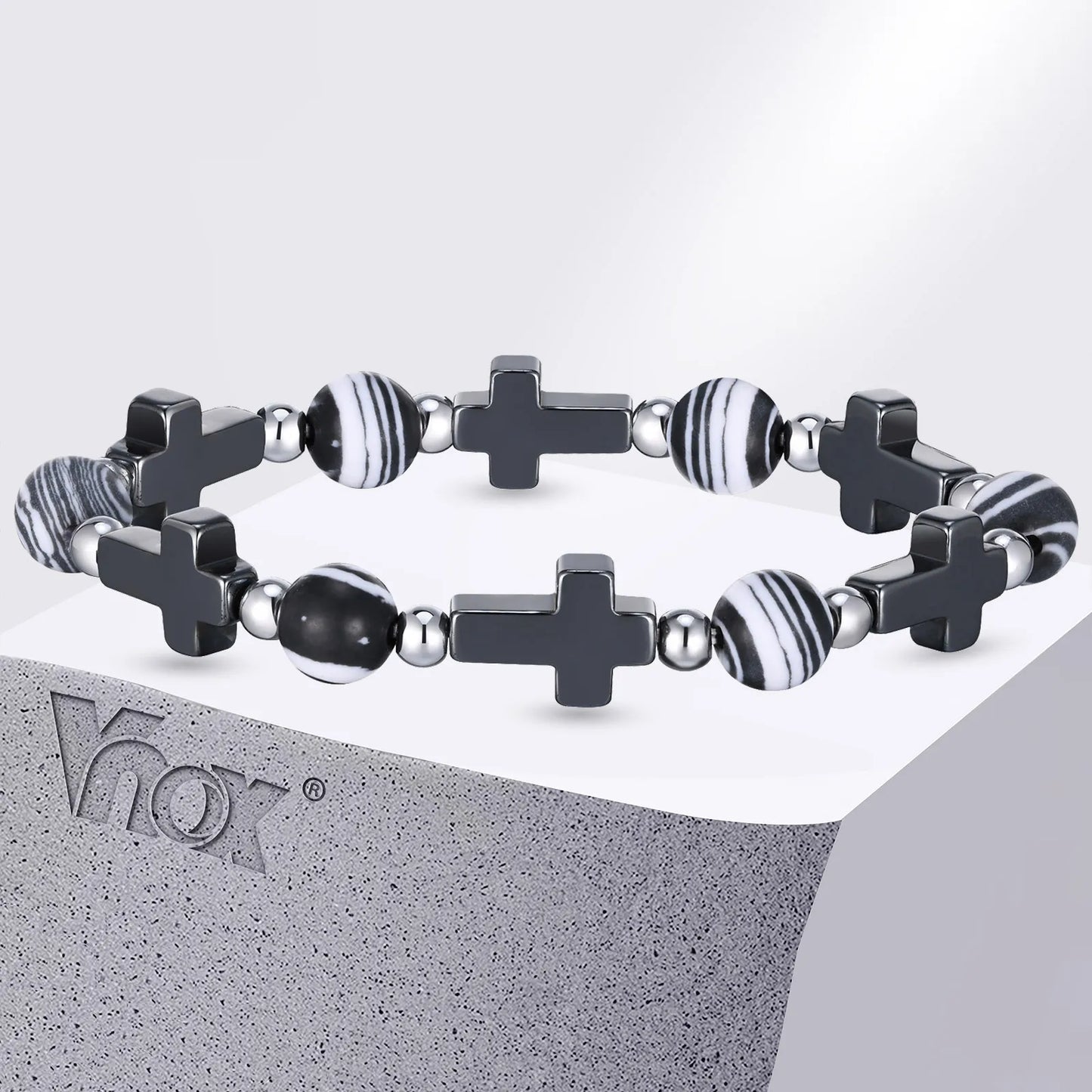 Vnox Men's Cross Bracelets, Unisex Stretch Beads Chain Wristband, Christ Faith Religious Fashion Jewelry