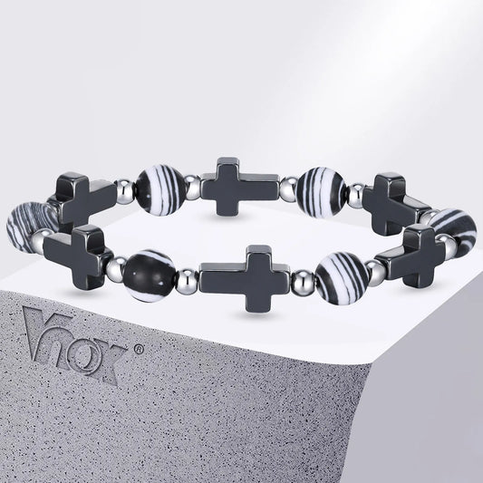 Vnox Men's Cross Bracelets, Unisex Stretch Beads Chain Wristband, Christ Faith Religious Fashion Jewelry