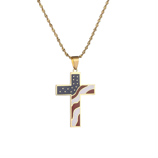 Stainless Steel Enamel American USA Flag Cross Pendant Necklace Stars Stripes Jesus Religion Christian Cross Jewelry