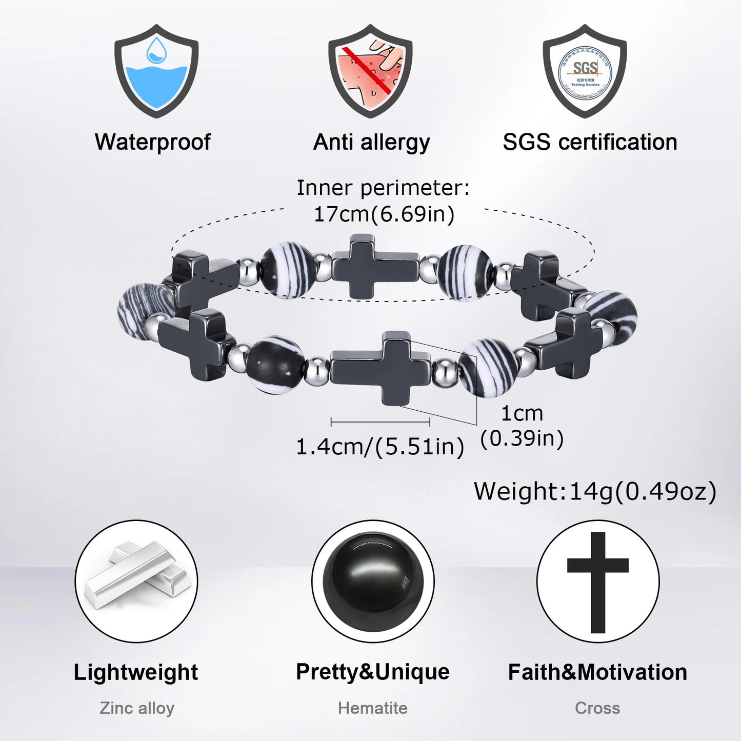Vnox Men's Cross Bracelets, Unisex Stretch Beads Chain Wristband, Christ Faith Religious Fashion Jewelry