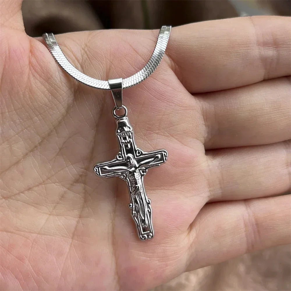 Christian Jesus Cross Necklace For Women Men Stainless Steel Chains Choker Religion Cross Pendants Jewelry Prayer Baptism Gifts