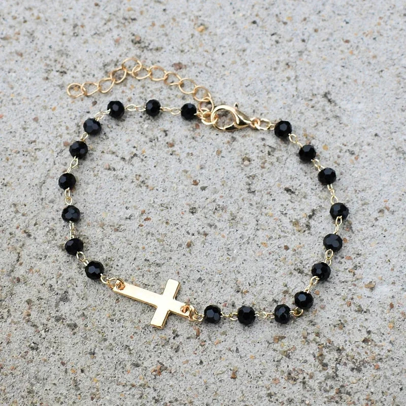 Cross Bracelet Tiny Simple Bracelet for Women Black Beaded Chain Adjustable Pulseras Christian Jewelry