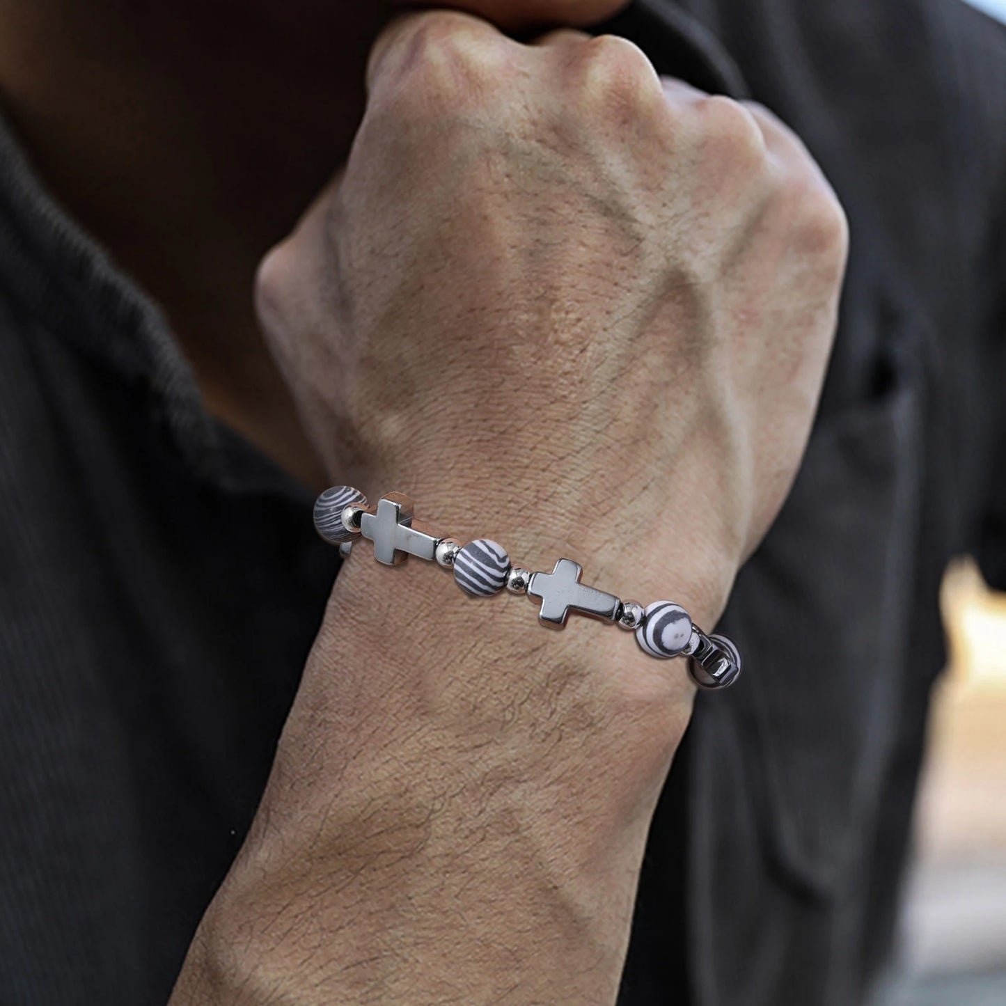 Vnox Men's Cross Bracelets, Unisex Stretch Beads Chain Wristband, Christ Faith Religious Fashion Jewelry