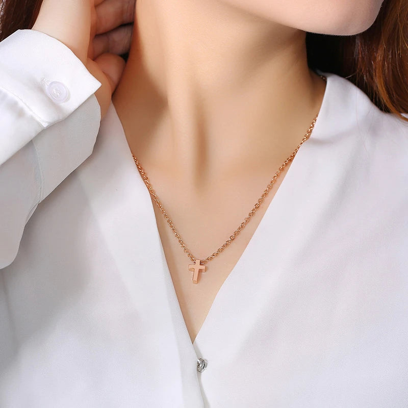 Vnox Small Cross Charm Women Necklaces Stainless Steel Simple Religious Christ Jewelry Elegant Lady Daily Jewelry