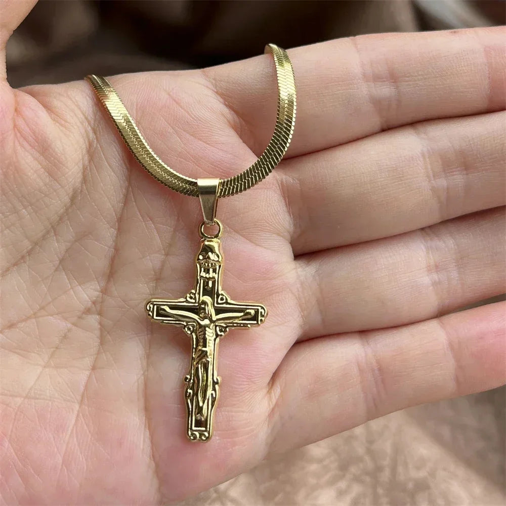 Christian Jesus Cross Necklace For Women Men Stainless Steel Chains Choker Religion Cross Pendants Jewelry Prayer Baptism Gifts