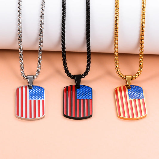 Stainless Steel Hip Hop American USA Flag personality Dripping oil Oval Military Card Box Chain Men's The Stars Jewelry