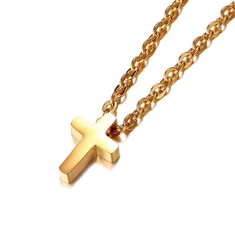 Vnox Small Cross Charm Women Necklaces Stainless Steel Simple Religious Christ Jewelry Elegant Lady Daily Jewelry