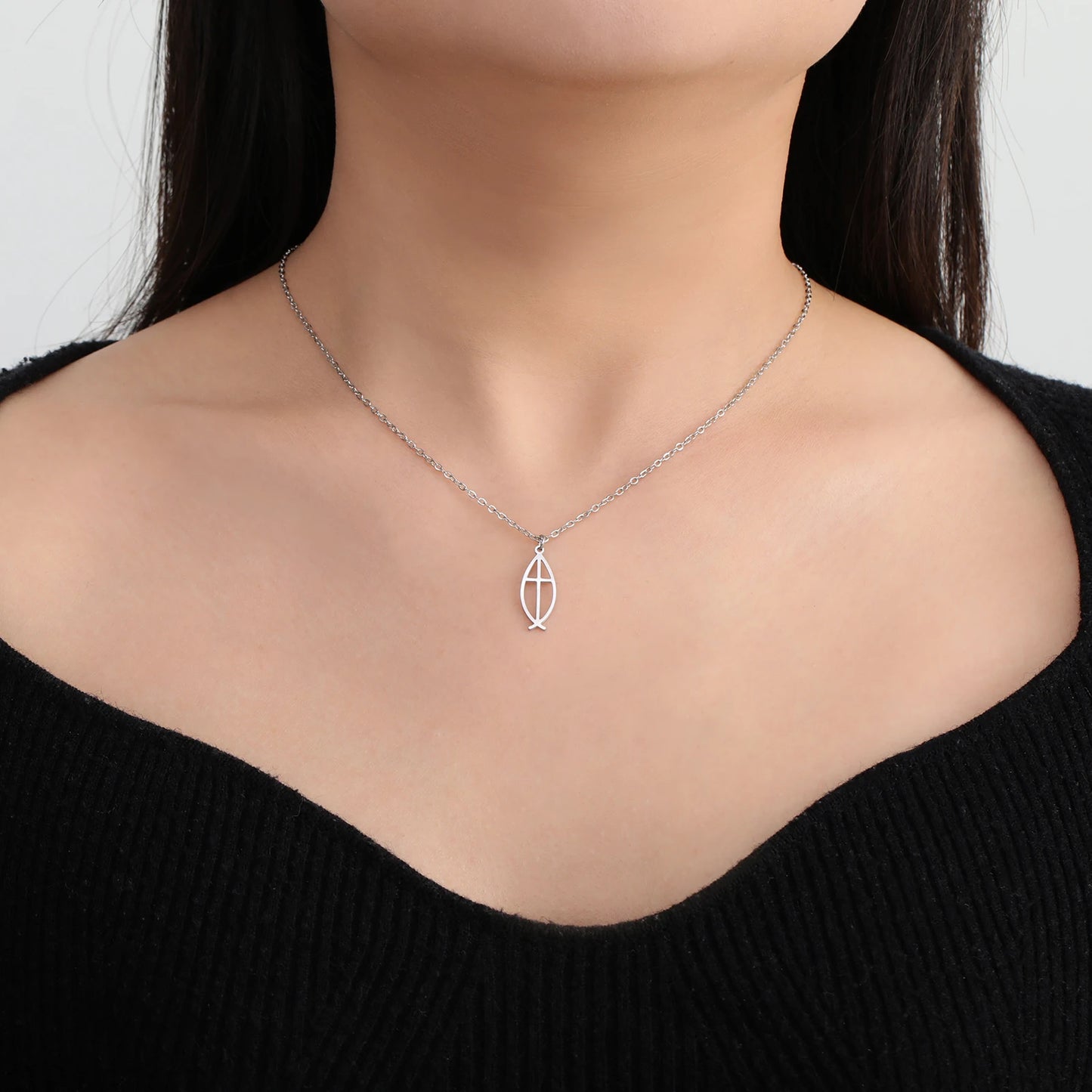 Unift Cross in Jesus Fish Necklace for Women Stainless Steel Women Neck Chain Choker Vintage Christian Christ Jewelry Party Gift