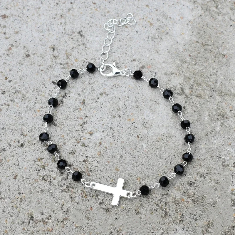 Cross Bracelet Tiny Simple Bracelet for Women Black Beaded Chain Adjustable Pulseras Christian Jewelry