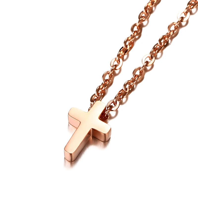 Vnox Small Cross Charm Women Necklaces Stainless Steel Simple Religious Christ Jewelry Elegant Lady Daily Jewelry